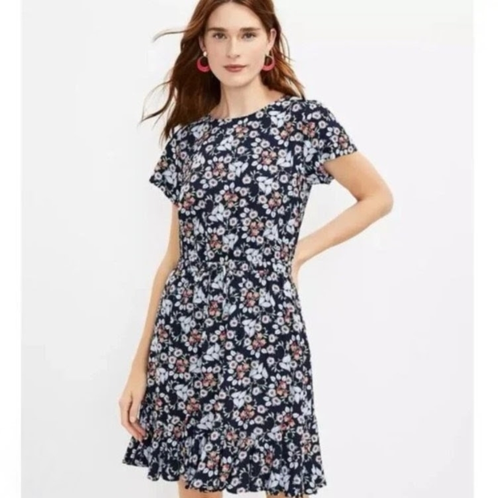 LOFT Floral Godet Drawstring Midi Dress